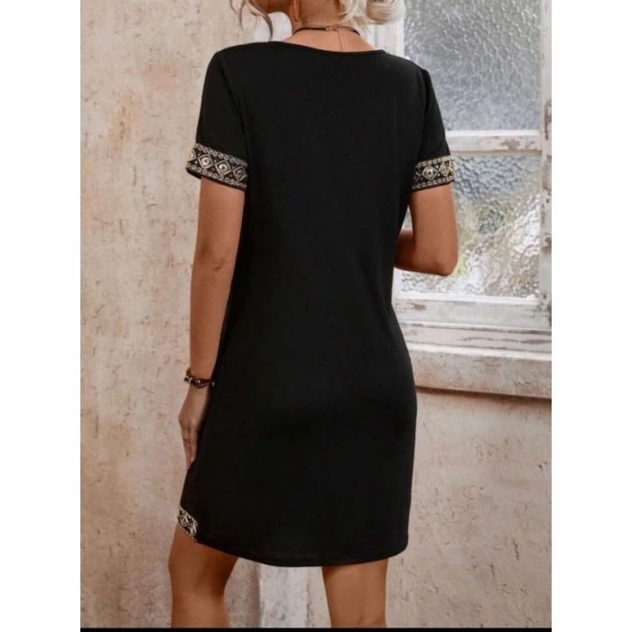 Şerit Detay V Yaka Yandan Cepli Viskon Elbise