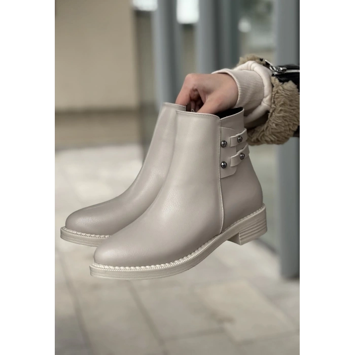 Siari Bej Cilt Topuklu Bot