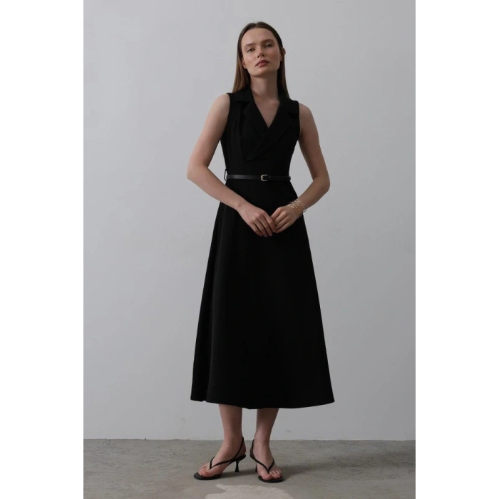 Sıfır Kollu Kemer Detaylı Elbise - Siyah