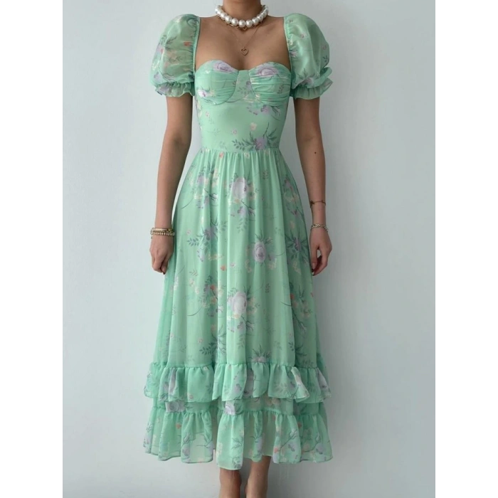 ŞİFON KUMAŞ DİJİTAL DESEN BASKILI ELBİSE