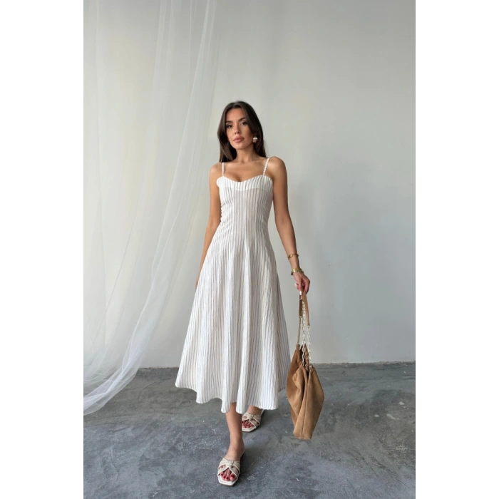 SİMLİ ÇİZGİLİ ASKILI ELBİSE MİDİ BOY - Kahverengi