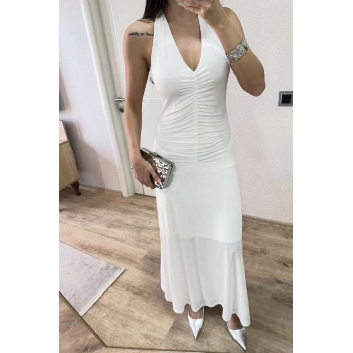 Sırt Dekolteli Uzun Kollu Elbise - Beyaz