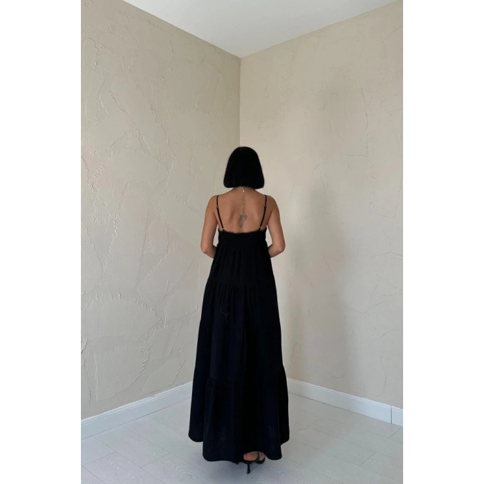Siyah Askılı Parçalı Müslin Elbise