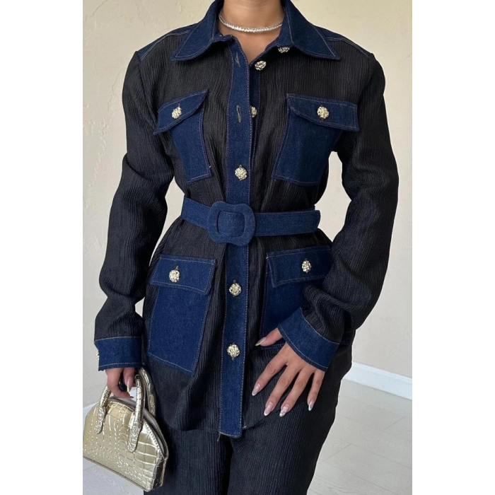 Siyah Garnili Cepli Gömlek Ve Pantolon Takım