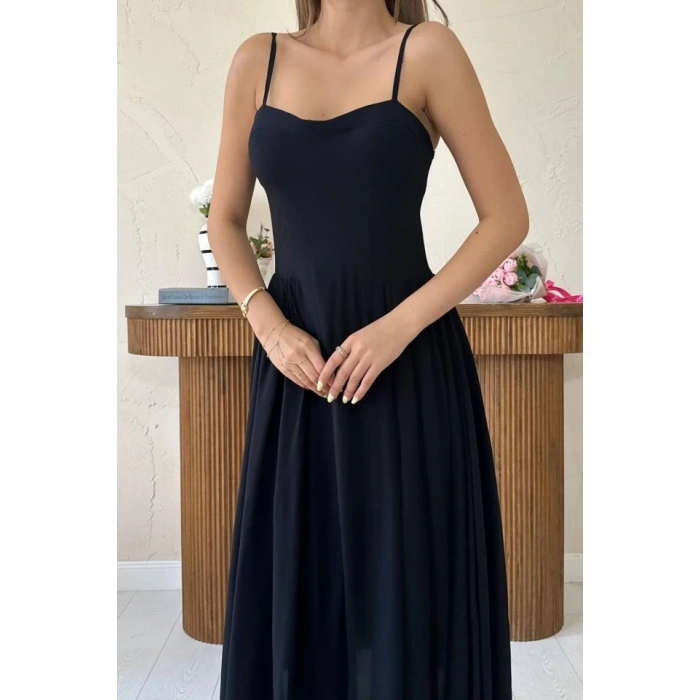 Siyah Göğüs Kuplu Uzun Büzgülü Elbise