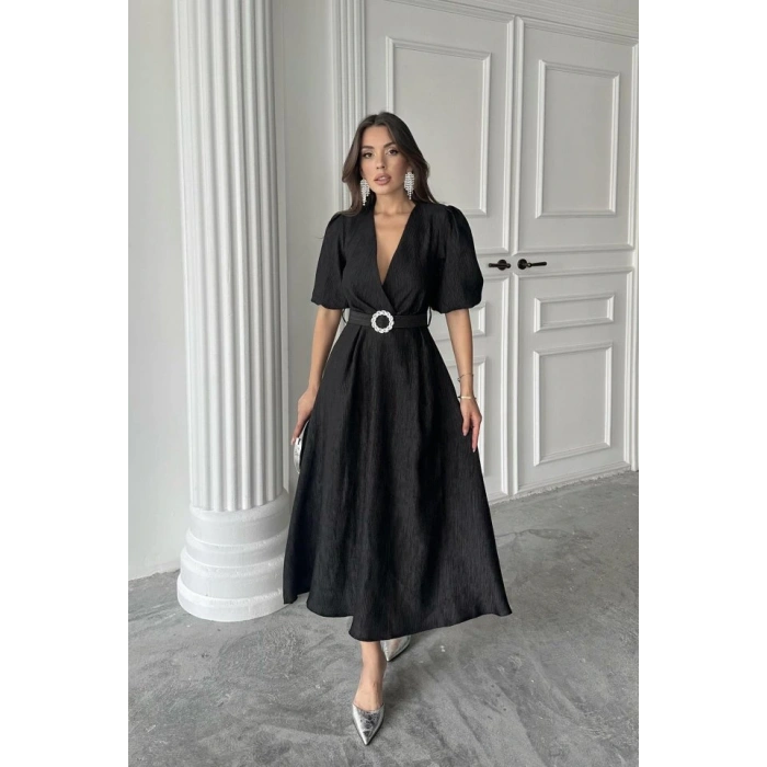 Siyah Işıltılı Kemerli Kruvaze Elbise