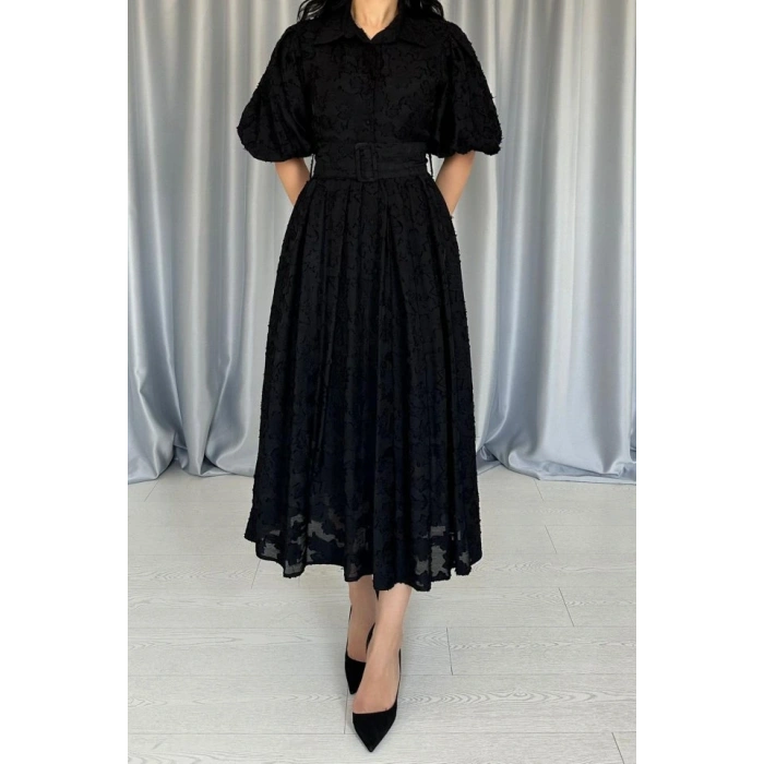 Siyah Kemerli Balon Kollu Elbise