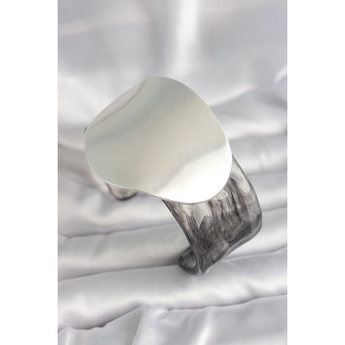 Siyah Mermer Desen Akrilik Pilastik Gümüş Plaka Model Vintage Kadın Bilezik