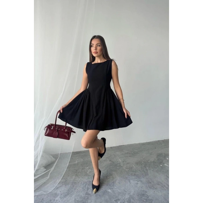 Siyah Mini Boy Büzgülü Keten Elbise