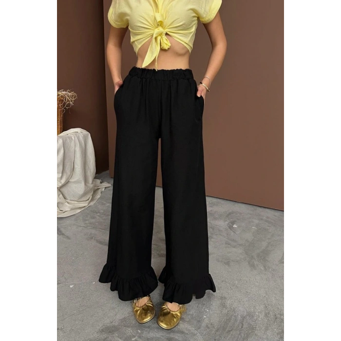 Siyah Paçası Fırfırlı Keten Pantolon