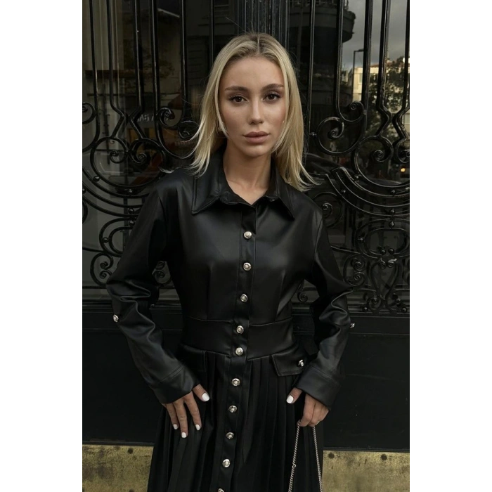 Siyah Piliseli Deri Elbise