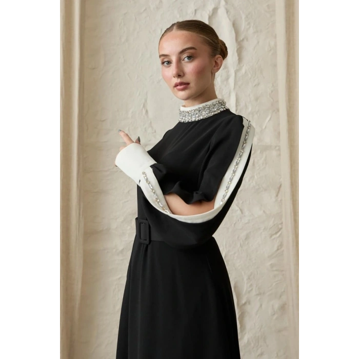 Siyah Yaka Ve Kolları Taşlı Elbise