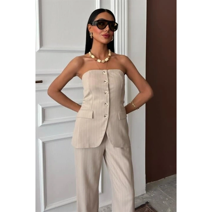 Straplez Büstiyerli Plazzo Pantolonlu Çizgili Takım 10151