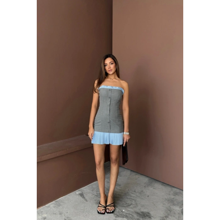 STRAPLEZ POLVİSKON ELBİSE MAVİ FIRFIR DETAYLI - Gri