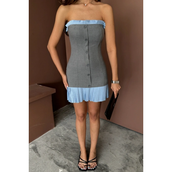 STRAPLEZ POLVİSKON ELBİSE MAVİ FIRFIR DETAYLI - Gri