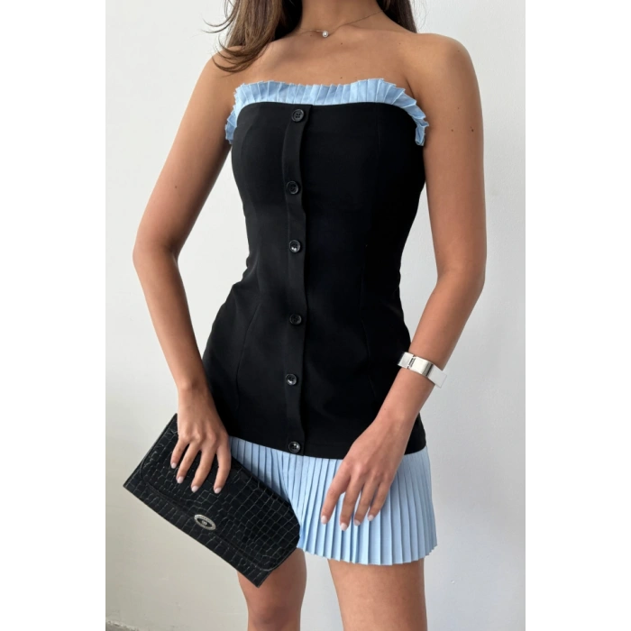 STRAPLEZ POLVİSKON ELBİSE MAVİ FIRFIR DETAYLI - Siyah