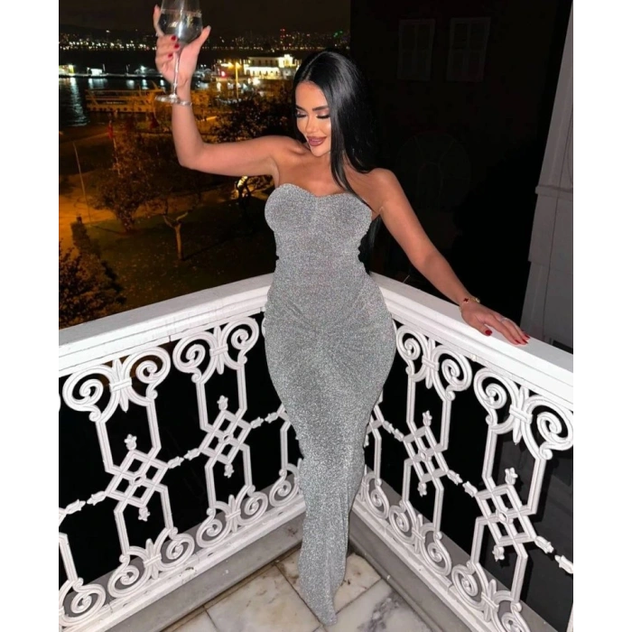 Straplez Simli Uzun Elbise