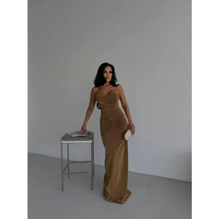 Straplez Simli Uzun Elbise