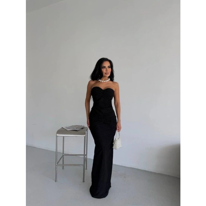 Straplez Simli Uzun Elbise