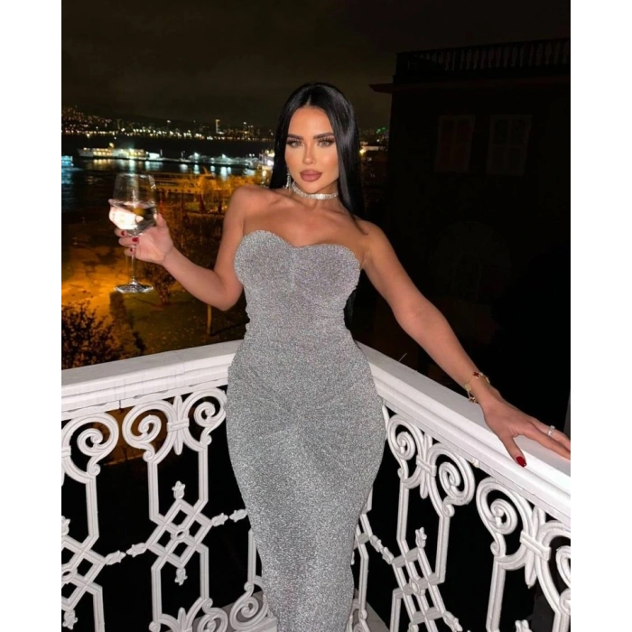 Straplez Simli Uzun Elbise