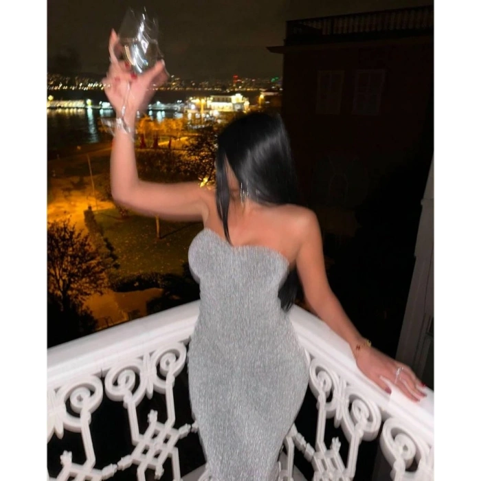 Straplez Simli Uzun Elbise