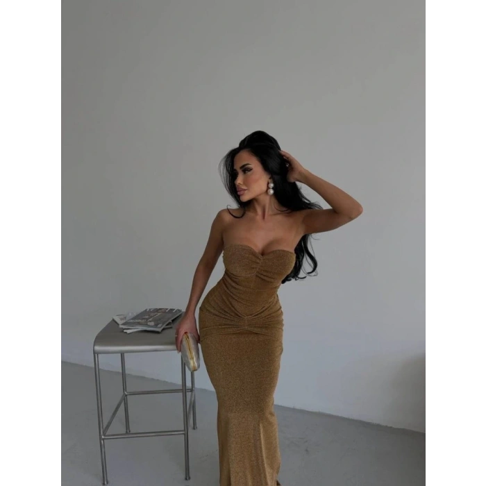 Straplez Simli Uzun Elbise