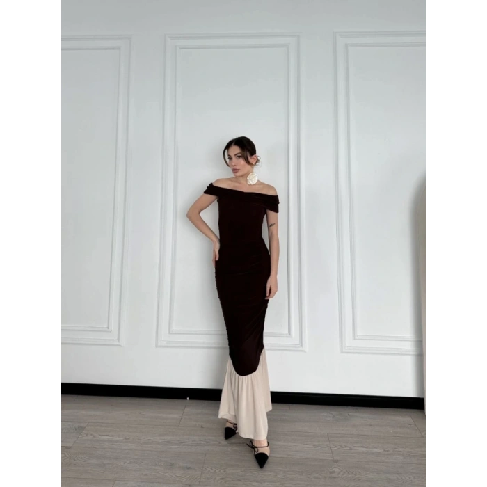 Striptiz Omuzlu Uzun Elbise- Kahve