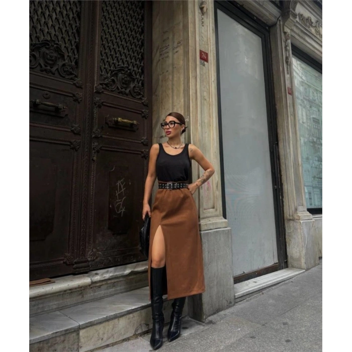 SÜET KALEM ETEK YIRTMAÇ DETAYLI - Taba