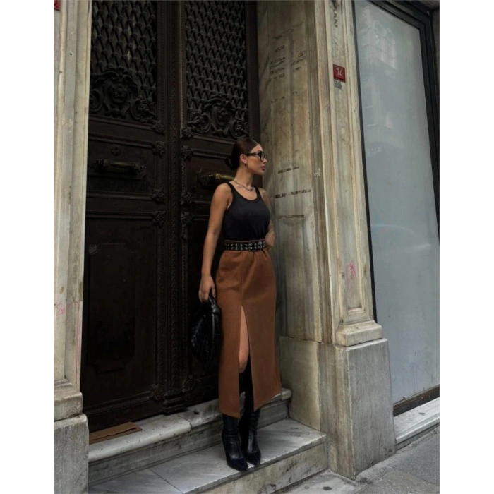 SÜET KALEM ETEK YIRTMAÇ DETAYLI - Taba