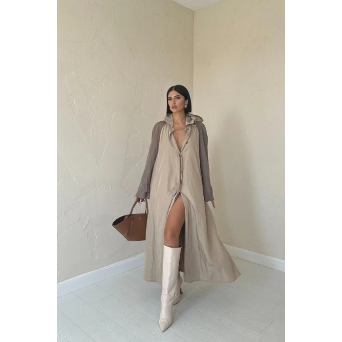 Taba Kapüşonlu Uzun Trençkot