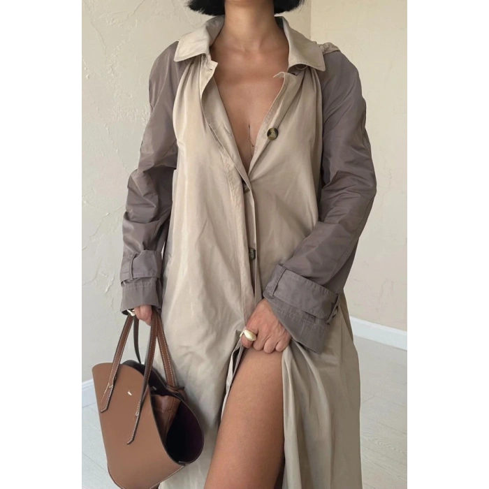 Taba Kapüşonlu Uzun Trençkot