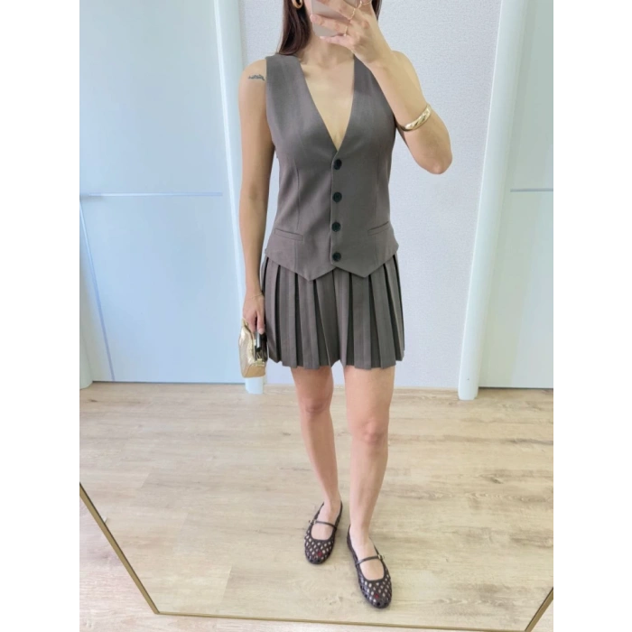 Takım Görünümlu Yelekli Mini Elbise- Füme