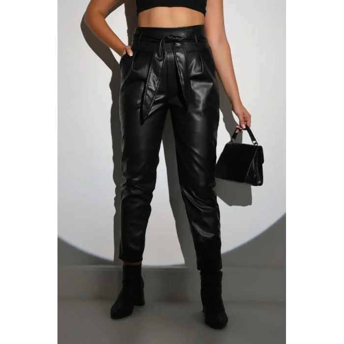 Tam Kalıp Süni Derİ Pantolon - Siyah