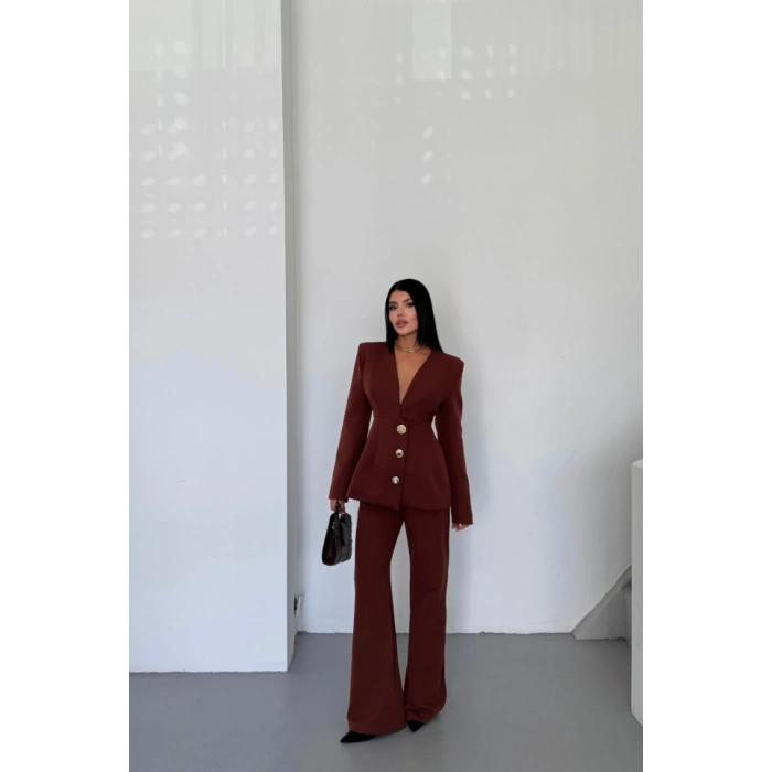 TASARIM CEKET-PANTOLON TAKIM METAL DÜĞME DETAYLI - Kahverengi