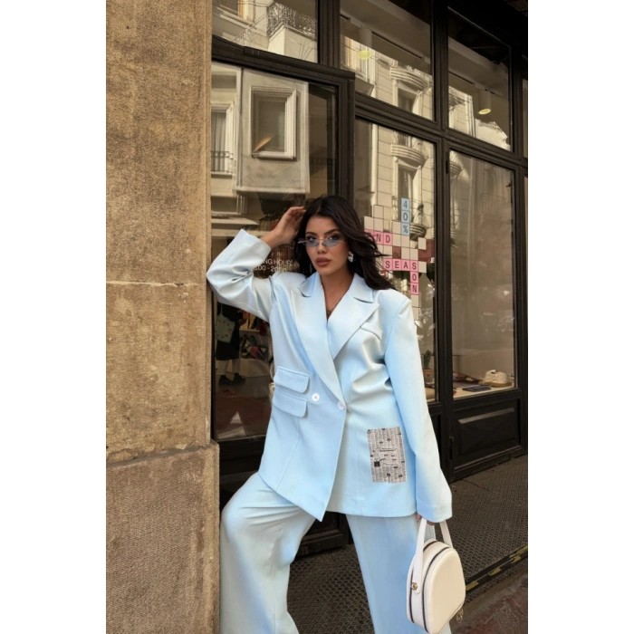 TASARIM ETİKET DETAYLI CEKET - PANTOLON TAKIM - Bebe Mavi