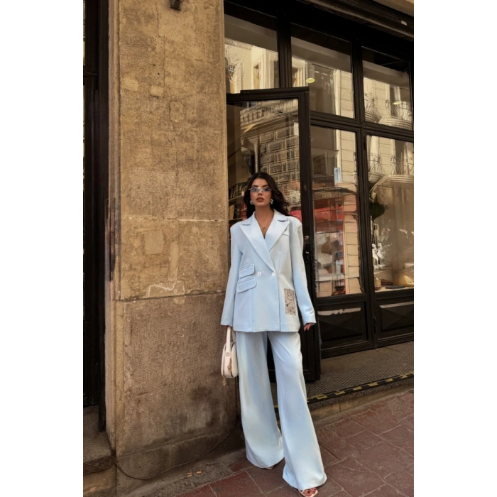 TASARIM ETİKET DETAYLI CEKET - PANTOLON TAKIM - Bebe Mavi