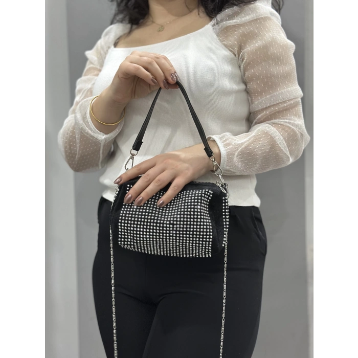 Taşlı siyah cilt çanta