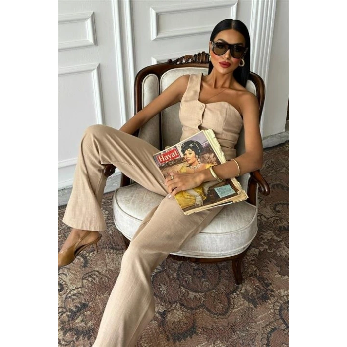 Tek Omuz Büstiyer Plazzo Pantolon Viscon Takım 10159