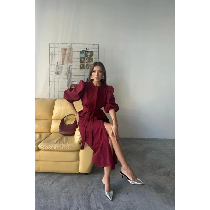 TENCEL KARPUZ KOL ELBİSE - Bordo