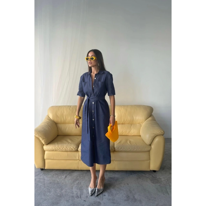 TENCEL ÖNDEN DÜĞMELİ KISA KOL ELBİSE - Mavi