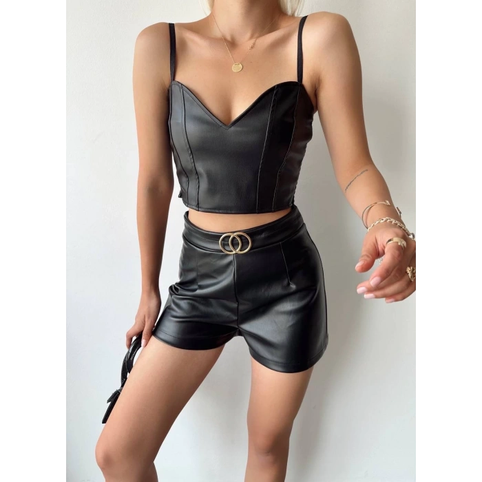 Tokalı deri şort siyah s24444