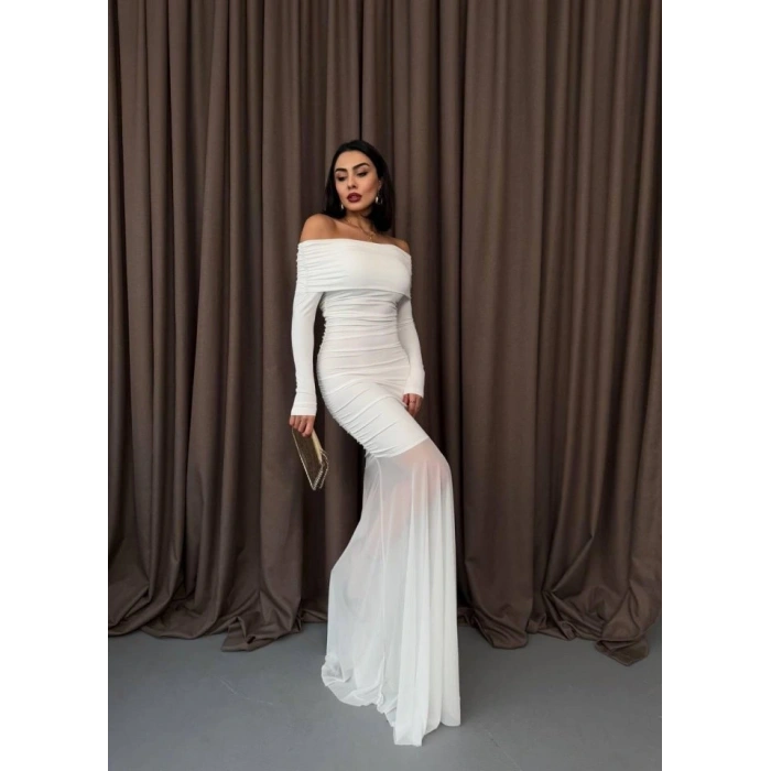 Tül Detaylı Straplez Elbise