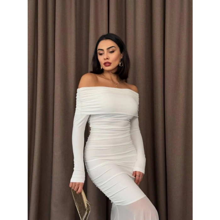 Tül Detaylı Straplez Elbise