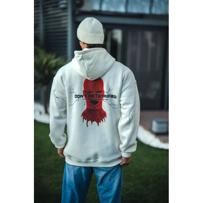 Üç İplik Kapşonlu Baskılı Oversize SweatShirt- Beyaz