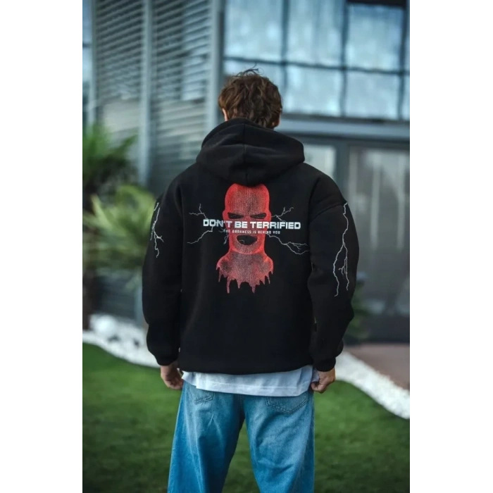 Üç İplik Kapüşonlu Baskılı Oversize SweatShirt- Siyah