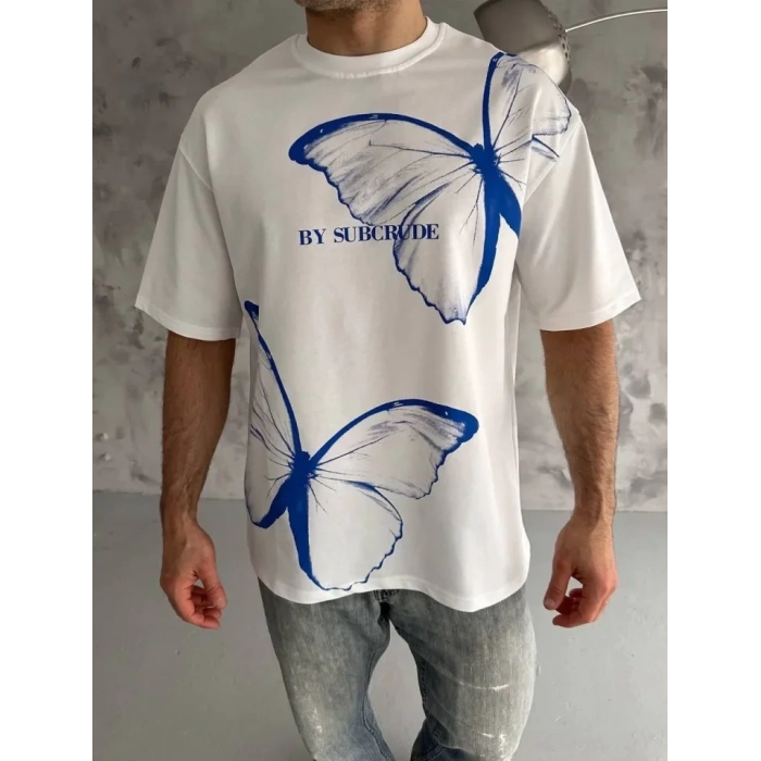 Unisex Bisiklet Yaka Baskılı Oversize T-Shirt - Beyaz