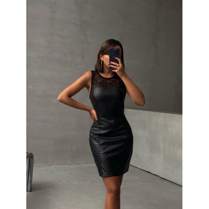 Üstü dantelli straplez deri elbise siyah w24421