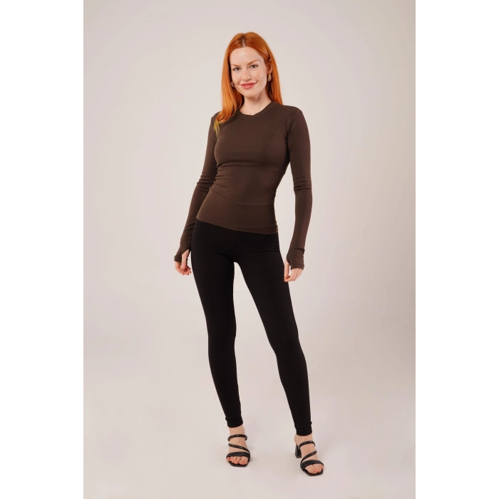 Uzun Kollu Basic Kahverengi Bluz