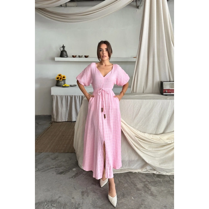 V YAKA BEL BONCUK BAĞLAMALI MÜSLİN ELBİSE YIRTMAÇ DETAYLI - Pembe