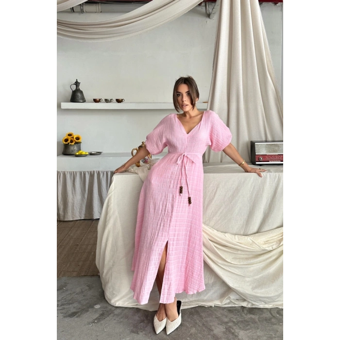 V YAKA BEL BONCUK BAĞLAMALI MÜSLİN ELBİSE YIRTMAÇ DETAYLI - Pembe